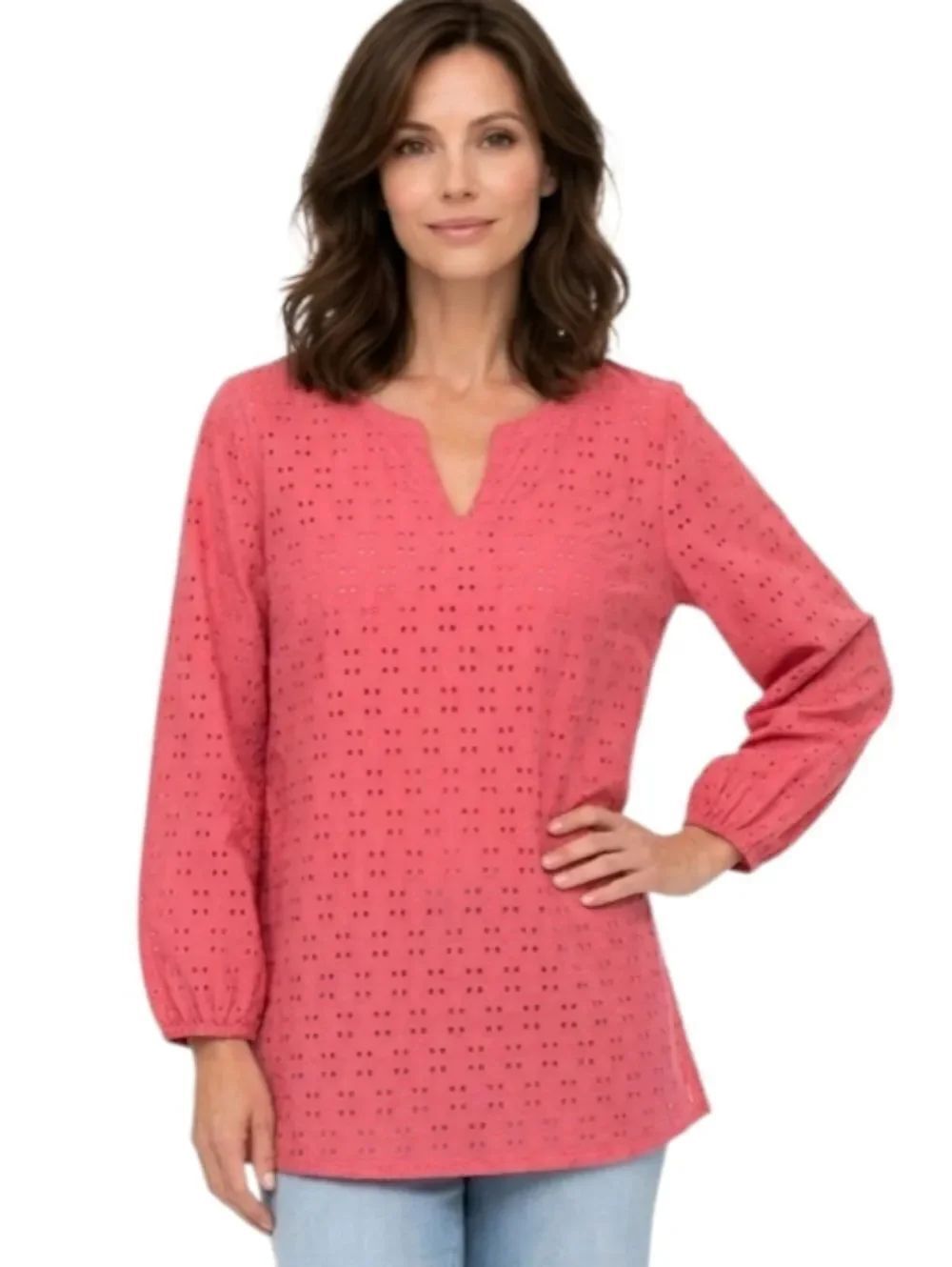 Susan Graver Passport Coral Eyelet Split-Neck Tunic Top Size L